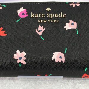 Kate Spade New York Floral Continental Wallet Black Saffiano Leather Zip ID Card